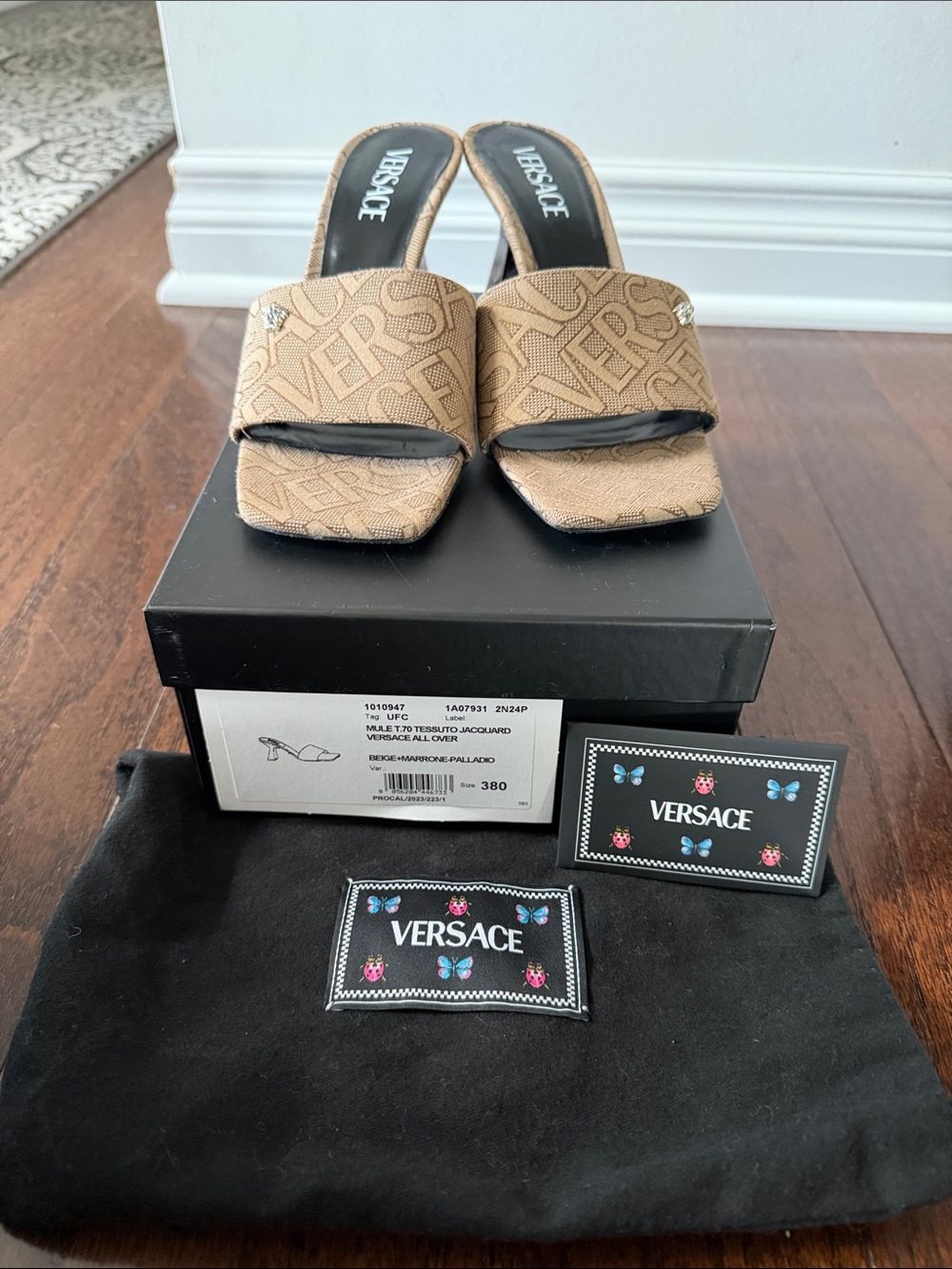 Versace Beige Logo Jacquard Slide Heels with Gold Accents